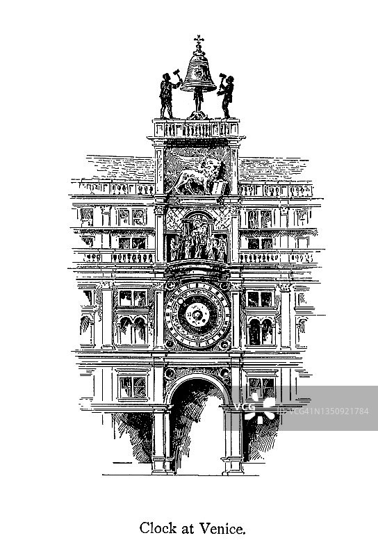 威尼斯圣马可广场钟楼上的古老天文钟雕刻插图图片素材