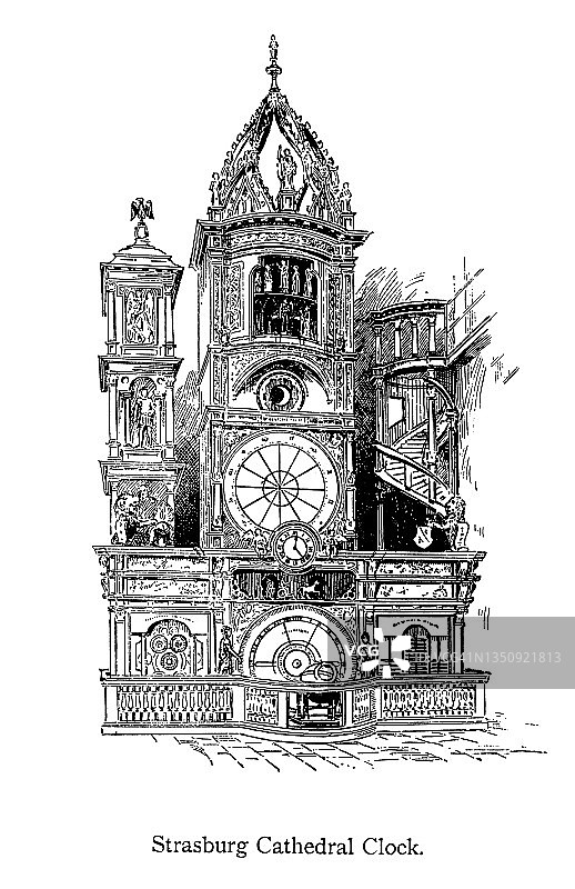 斯特拉斯堡天文钟、斯特拉斯堡大教堂古老雕刻插图图片素材
