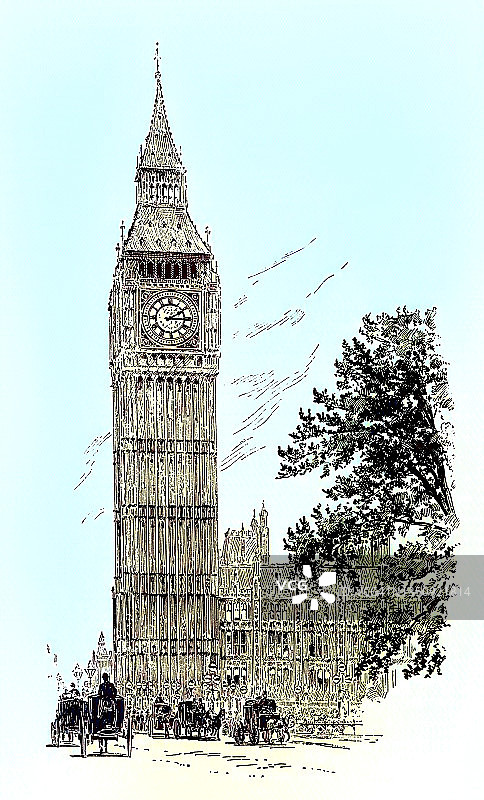 伦敦议会大厦和伊丽莎白塔古老雕刻插图图片素材