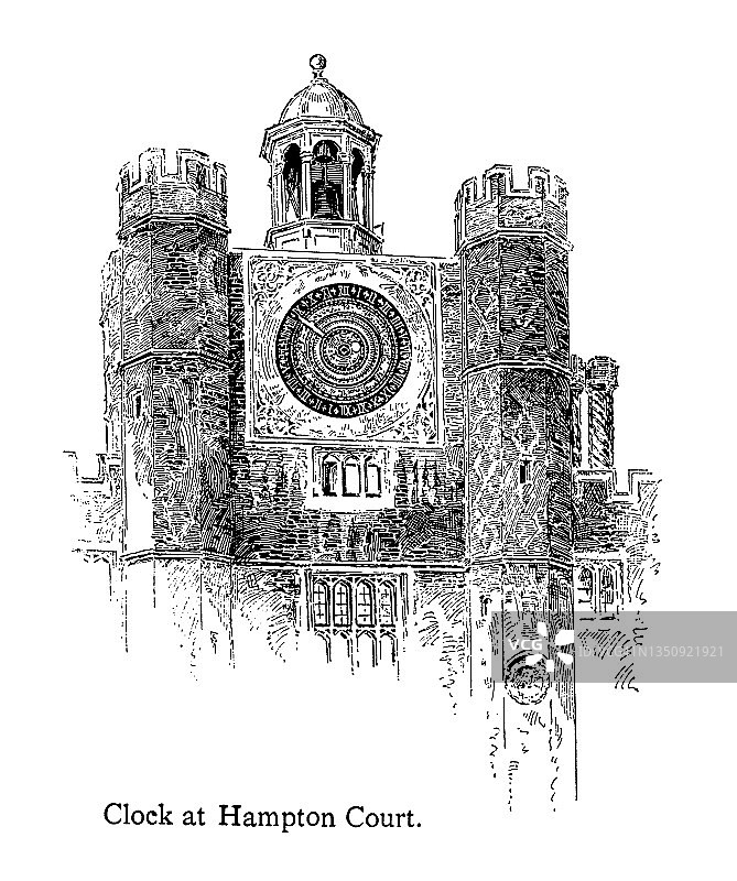 汉普顿宫天文钟古老雕刻插图图片素材