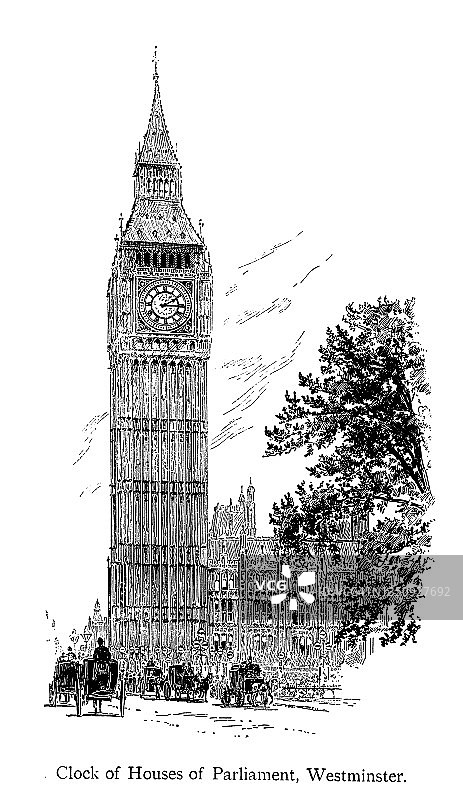 英国伦敦议会大厦和大本钟雕刻插图图片素材