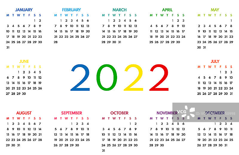 2022袖珍日历，周一为第一天，两个周末，白色背景上的彩色横向布局，矢量图图片素材