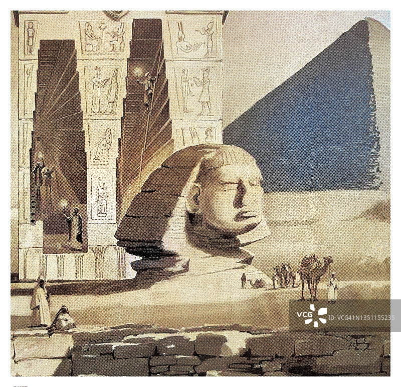 古埃及建筑的古老雕刻插图：狮身人面像和吉萨金字塔图片素材