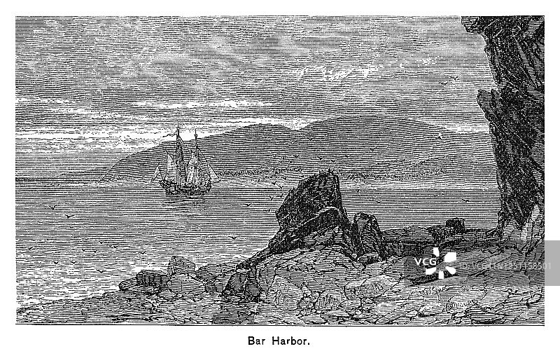 缅因州沙漠山岛巴尔港的老式雕刻插图图片素材