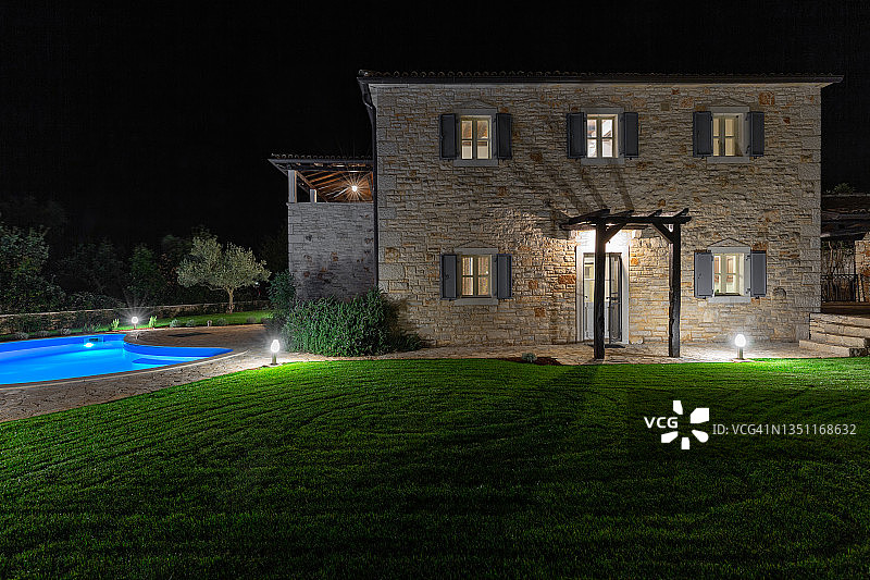 带游泳池和庭院花园的现代奢华别墅图片素材