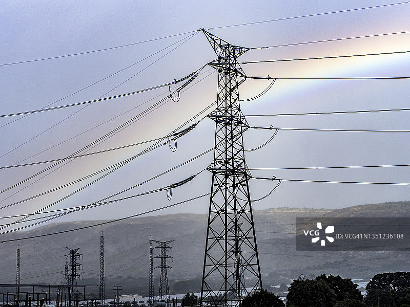高压电塔与雨后彩虹下的发电厂图片素材
