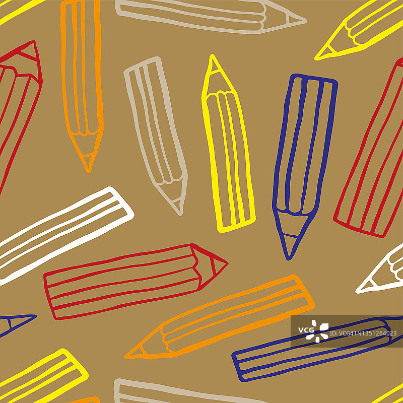 纸背景上的彩色明亮素描铅笔。可爱的无缝图案。矢量扁平手绘图。纹理。图片素材