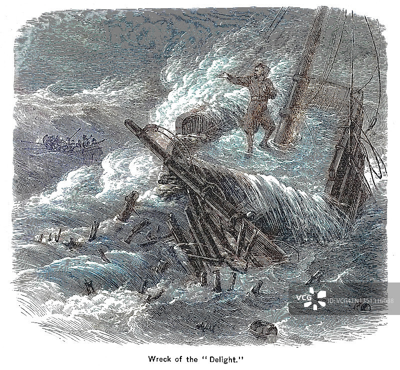 “喜悦”号沉船古老版画插图-汉弗莱·吉尔伯特爵士探险图片素材