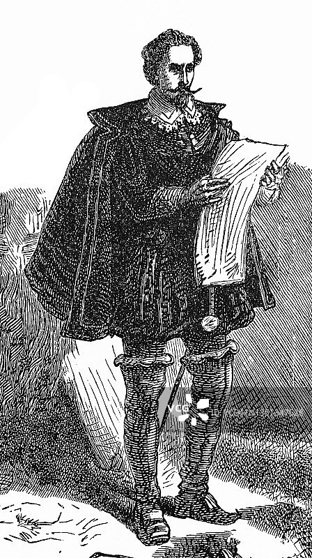 身着殖民时期服装的男子阅读文件古董插画图片素材