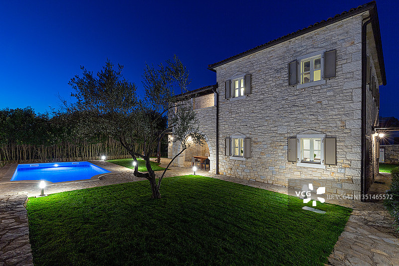 带游泳池和庭院花园的现代奢华别墅图片素材