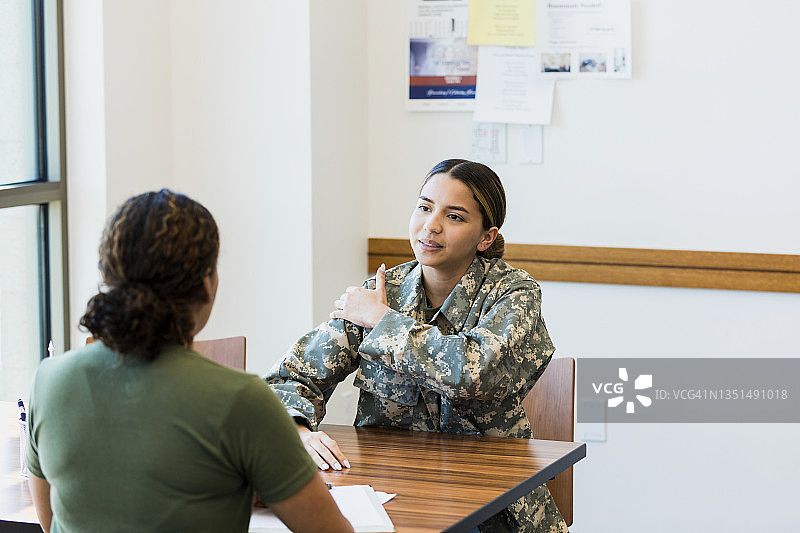 女兵与医生交流肩部疼痛问题图片素材