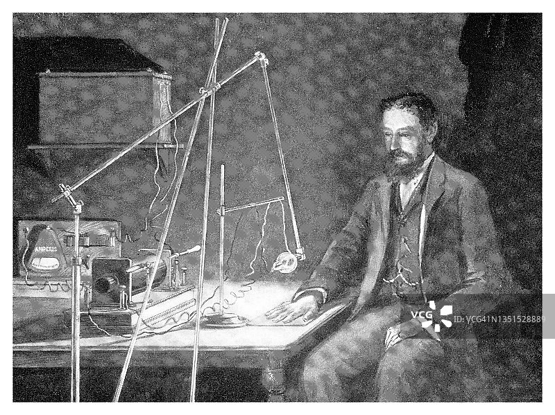 早期伦琴X射线设备古老雕刻插图 - 男人对手进行X光检查图片素材