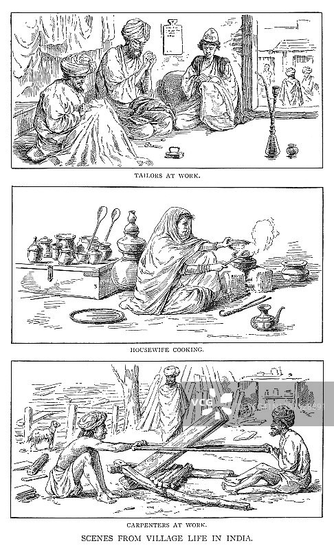 古老的雕刻插图：印度乡村生活场景图片素材