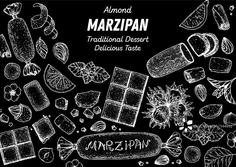 杏仁蛋白软糖烹饪和配料，草图插图。杏仁和杏仁产品。矢量图。圣诞甜食框架。设计元素。手绘，包装设计图片素材