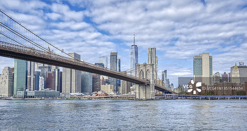 从纽约布鲁克林DUMBO区眺望布鲁克林大桥和曼哈顿市中心天际线图片素材