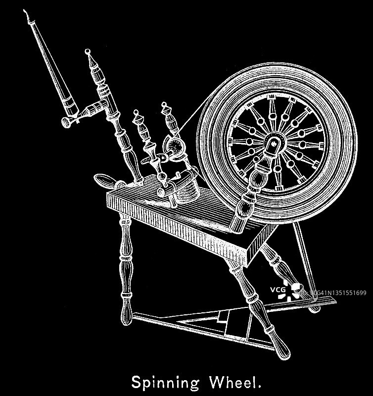 旧版雕刻插图：日常生活用品——纺车图片素材