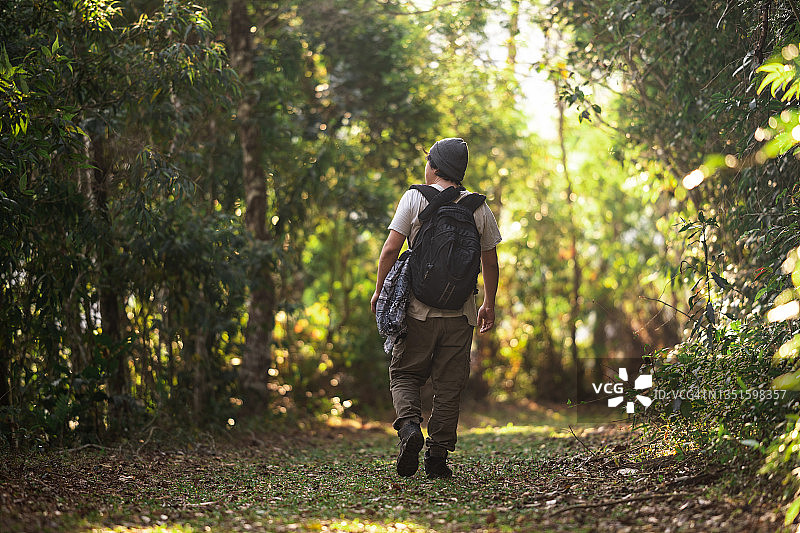男人走在森林小路上图片素材