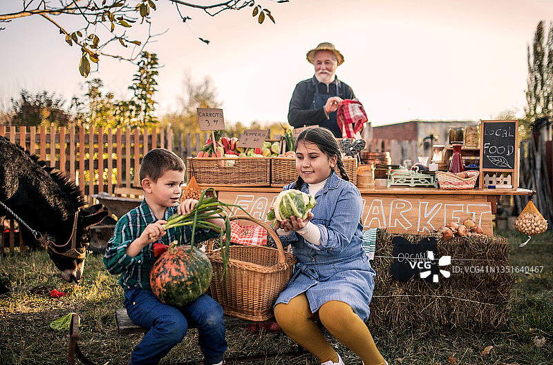 农场工人在市场摊位上出售自家种植的食品图片素材