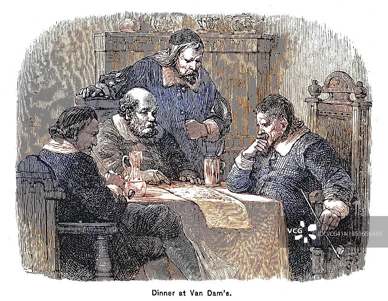 老式雕刻雨果·马里·德·弗里斯（荷兰植物学家、遗传学家）晚餐插图图片素材