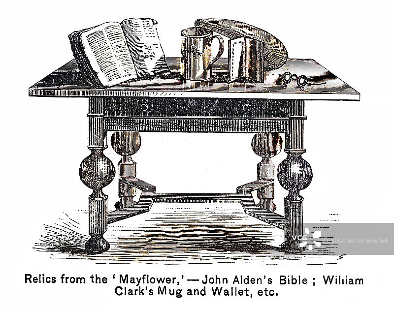 古老的雕刻插图：殖民时期的日常生活用品——“五月花号”船上的遗物图片素材