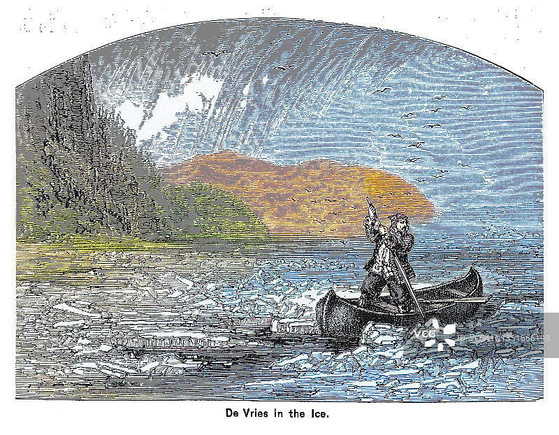 冰上雨果·马里·德·弗里斯（荷兰植物学家和最早的遗传学家之一）的古老版画插图图片素材