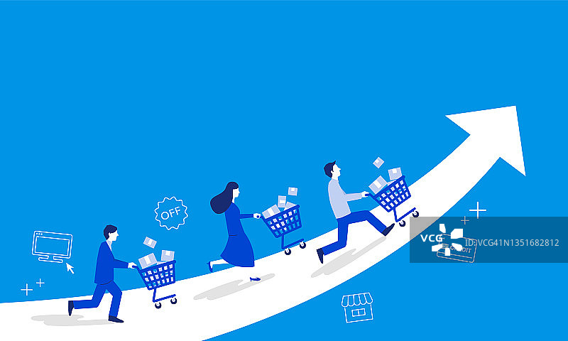 人们推着购物车，电商概念图，蓝色背景，矢量，留白图片素材