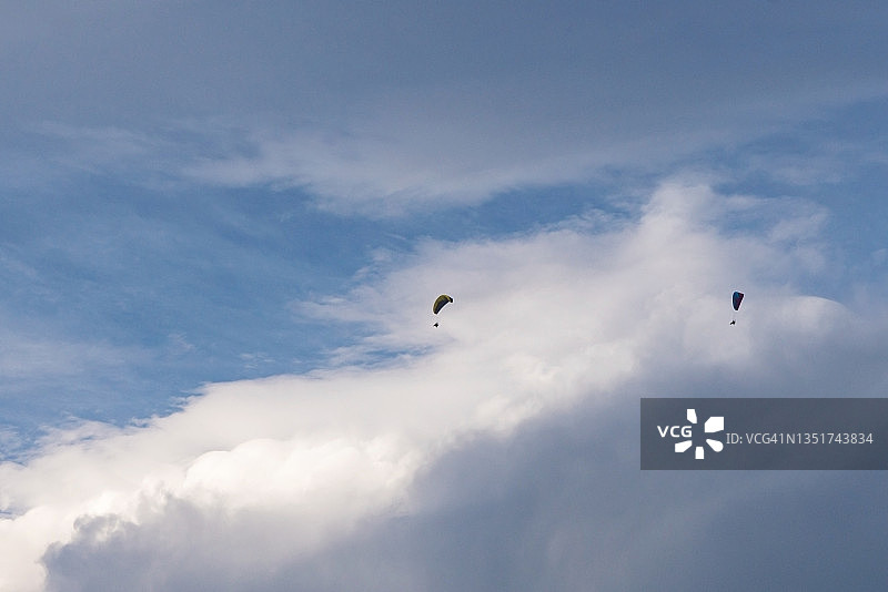 悬挂式滑翔机在云层之上自由飞翔图片素材