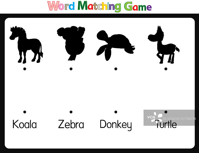 儿童配对单词教育插画：学习单词匹配图片，动物类别图片素材