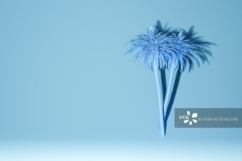 蓝色背景上的3D蓝色棕榈树，插图图片素材