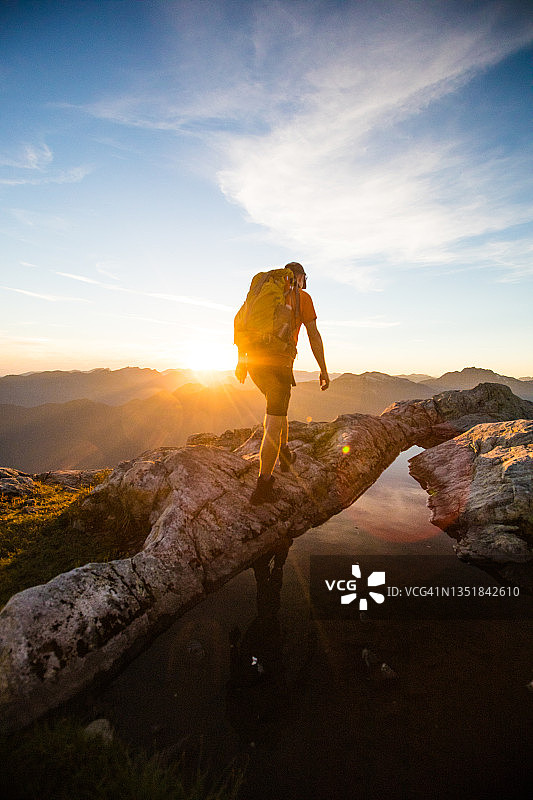日落时分，背包客在山上徒步旅行的背影图片素材
