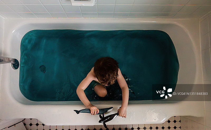 鸟瞰：男孩在浴缸里与鲸鱼玩耍图片素材