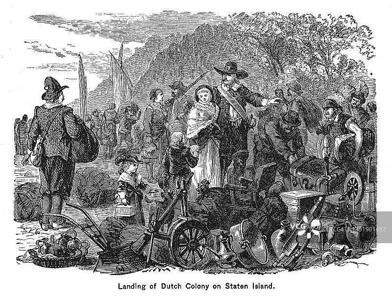 17世纪中期荷兰殖民者抵达纽约港斯塔滕岛的古老雕刻插图图片素材