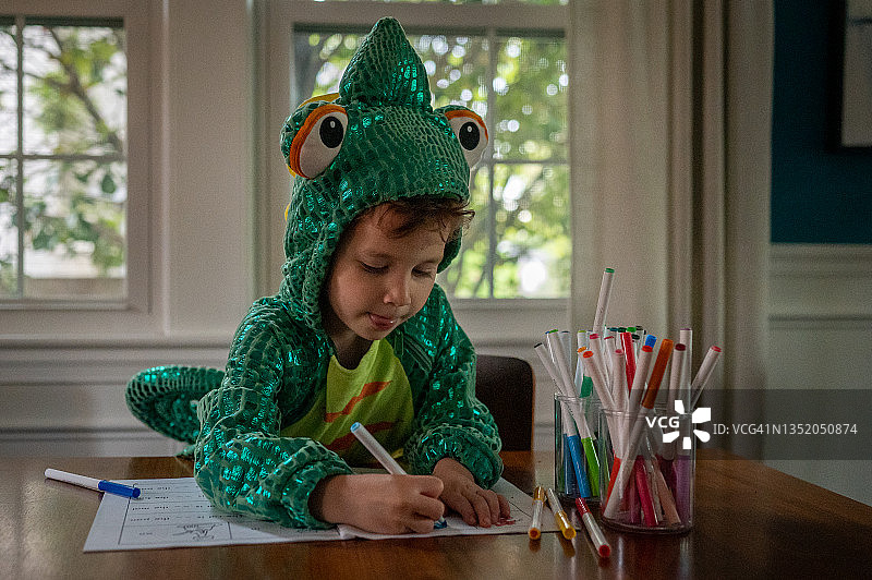 穿蜥蜴服装的男孩用记号笔书写图片素材