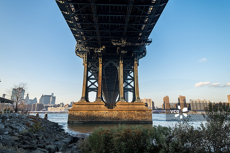 布鲁克林大桥和纽约市的底部视角图片素材
