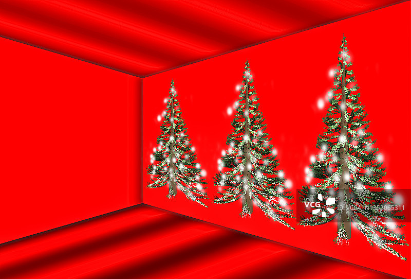 红色房间的空内角，墙上有松树图像和雪的3D渲染图片素材