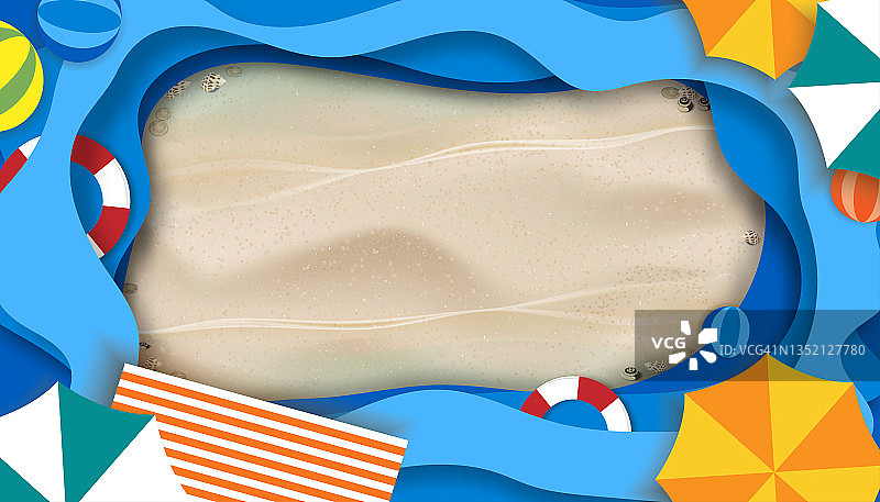 沙滩海洋蓝色纸艺，包含太阳伞、游泳圈、沙滩球和椅子，夏季banner背景矢量图图片素材