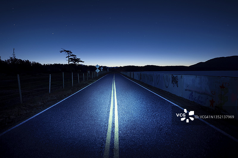 黑暗星夜中聚光灯照亮的乡村道路图片素材