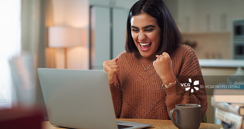 年轻女人在家用笔记本电脑学习时欢呼雀跃图片素材
