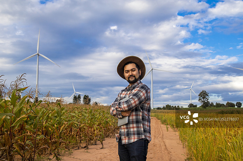 农民使用现代技术检查田地里水稻的质量图片素材