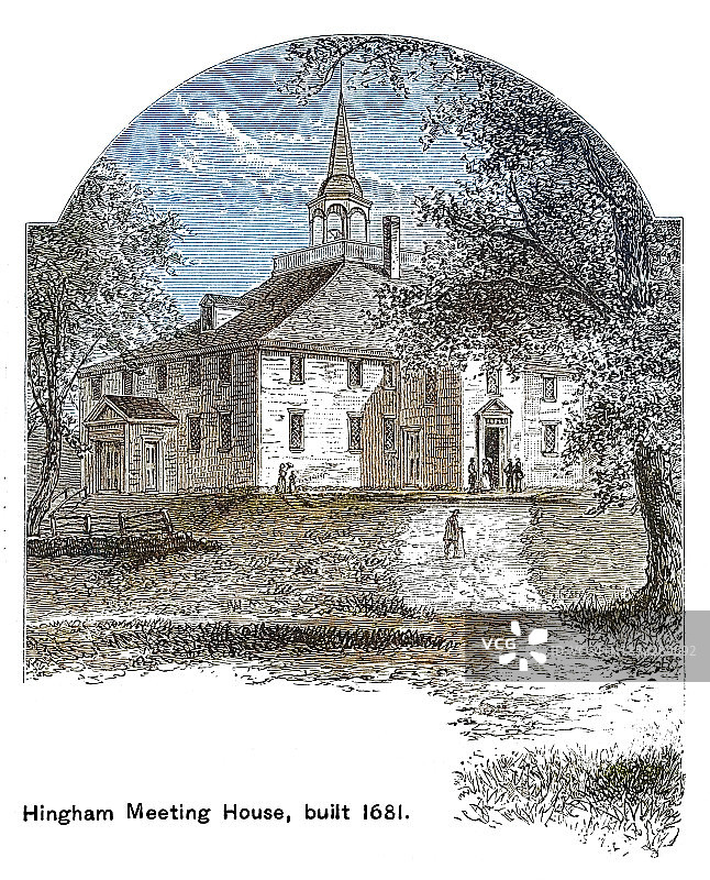欣厄姆教堂古版画插图——建于1680年的马萨诸塞州欣厄姆公理会教堂图片素材