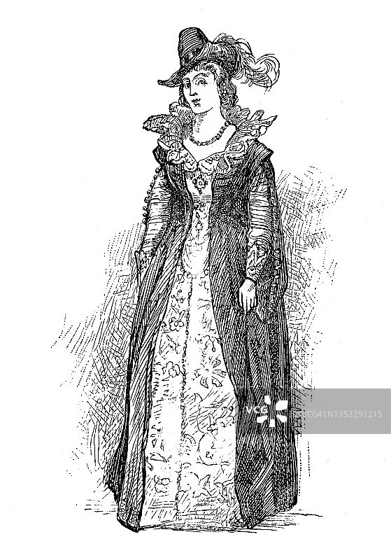 17世纪中叶服装的古老雕刻插图图片素材