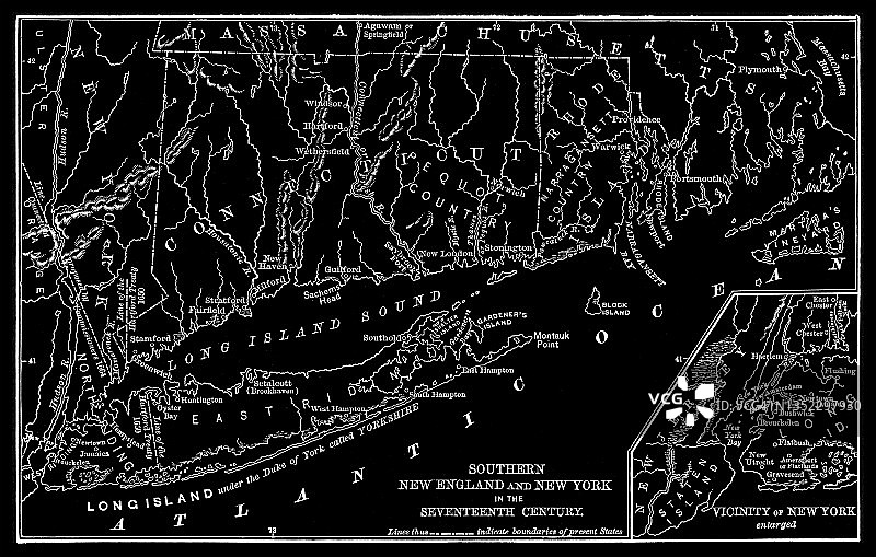 17世纪新英格兰南部和纽约的古老地图图片素材