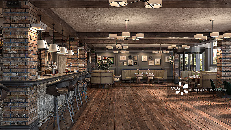 空旷的复古餐厅酒吧，配有休息区、桌子和吧台凳图片素材