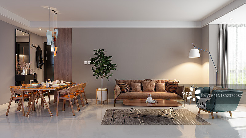 奢华客厅皮沙发餐桌内景图片素材