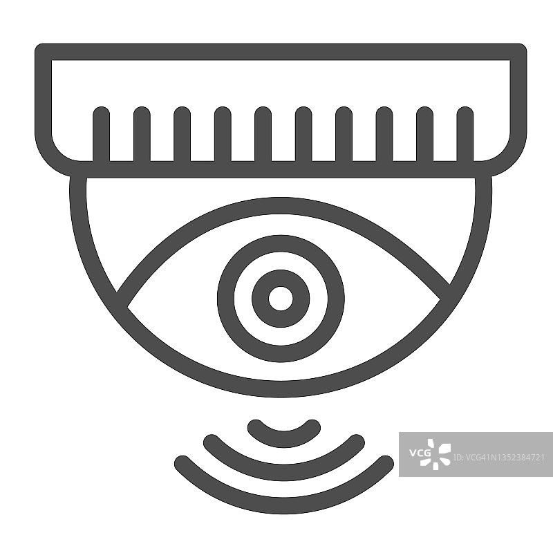 室外无线监控摄像头天花板，闭路电视线路图标，闭路电视概念，白色背景上的安全矢量标志，移动概念和网页设计的轮廓样式图标。矢量图形图片素材