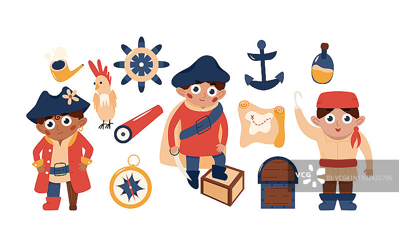 可爱的海盗组合，包含角色、鹦鹉、地图、望远镜、指南针、瓶子、锚，白色背景上的卡通矢量插图图片素材