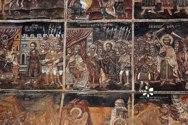 耶稣在希律王和彼拉多面前受审，15世纪壁画，希腊正教教堂图片素材