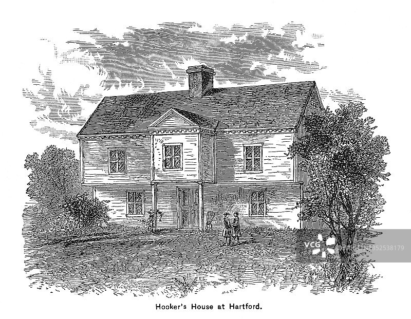 康涅狄格州哈特福德学校街（现为拱街）胡克故居古版画插图图片素材