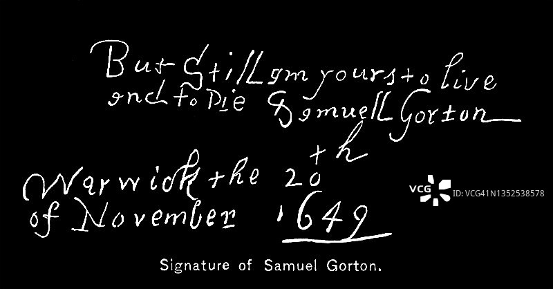 旧版雕刻插图：塞缪尔·戈顿签名，罗德岛殖民地早期定居者和公民领袖图片素材