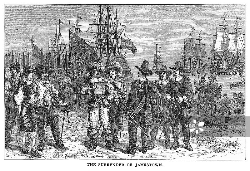 詹姆斯敦投降的古老雕刻插图图片素材